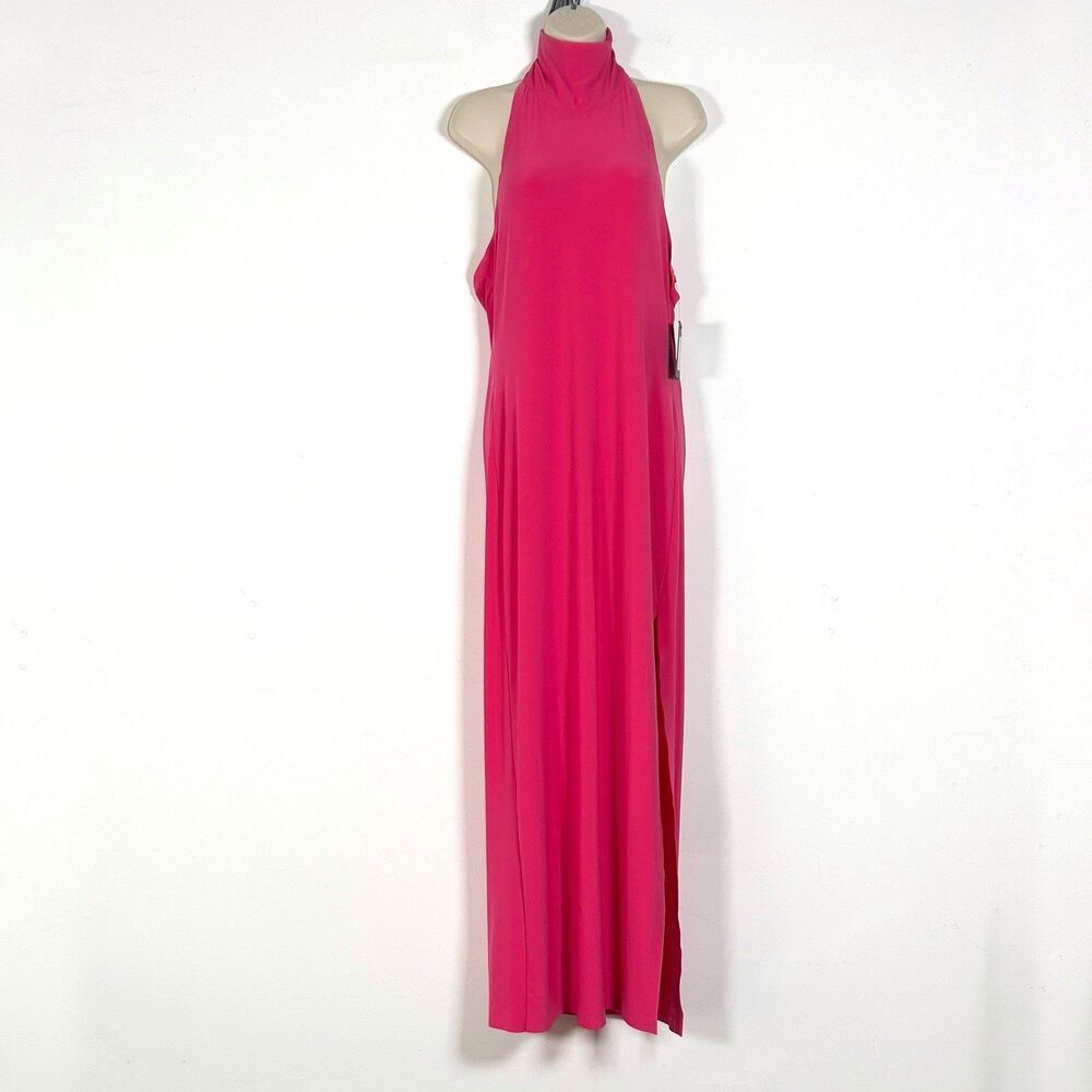 Norma Kamali Halter Turtleneck Side Slit Gown Maxi Dress Sz L Rose Pink Stretch - Picture 3 of 14